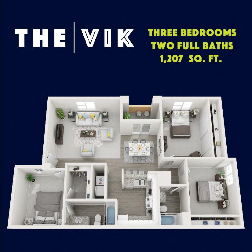 Floor plan for 3 beds, 2 baths, 1207 sqft